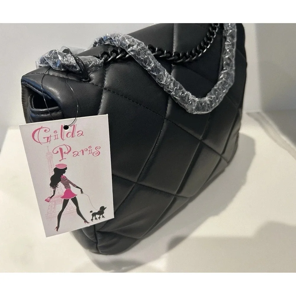 New Gilda Paris Black Vegan Leather Quilted Purse Handbag Shoulder $140
